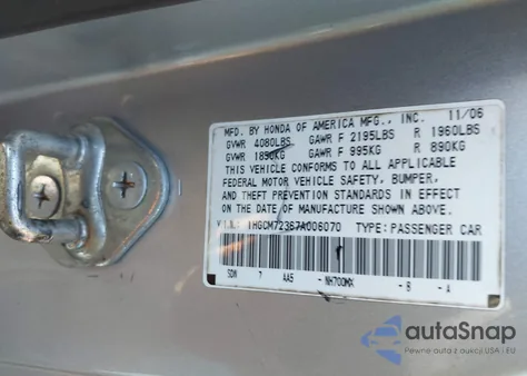 2007 Honda Accord 2.4 Lx z USA, uszkodzony, nr VIN 1HGCM72367A006070